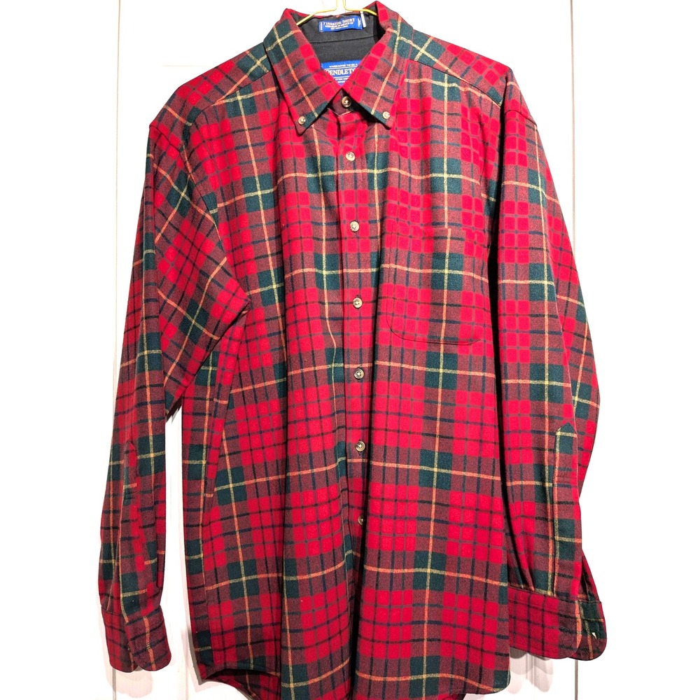Pendleton Shirt Men M Red Green Plaid Fireside 100% Wool Tartan Button Pristine!